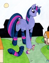 Size: 773x1000 | Tagged: safe, artist:tierafoxglove, princess cadance, twilight sparkle, alicorn, pony, clothes, crush fetish, crushing, giant pony, giantess, hooves, macro, mega twilight sparkle, socks, stockings, striped socks, traditional art