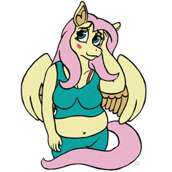 Size: 4000x4000 | Tagged: safe, artist:moddie, fluttershy, anthro, pegasus, belly button, blushing, chubby, fat, fattershy, shy, simple background, solo, transparent background