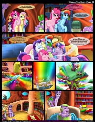 Size: 1165x1500 | Tagged: safe, artist:kitsuneyoukai, derpibooru import, applejack, fluttershy, pinkie pie, rainbow dash, rarity, spike, twilight sparkle, dracony, dragon, earth pony, hybrid, pegasus, pony, unicorn, comic:dragon you over, baby, comic, elements of harmony, female, hug, interspecies offspring, male, mane seven, mane six, offspring, parent:spike, parent:twilight sparkle, parents:twispike, rainbow, shipping, straight, twispike, wat