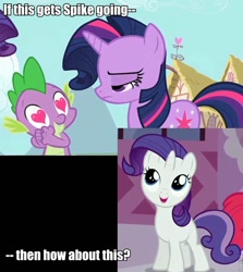 Size: 728x815 | Tagged: safe, derpibooru import, edit, edited screencap, screencap, rarity, spike, sweetie belle, twilight sparkle, dragon, pony, unicorn, magic duel, the cutie pox, alternate hairstyle, female, heart eyes, male, mane swap, meta, rarity hair, screenshots, shipping, sparity, spikebelle, straight, twispike, wingding eyes