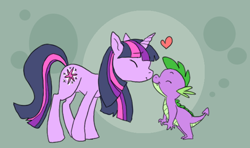 Size: 640x378 | Tagged: safe, artist:sky665, spike, twilight sparkle, dragon, pony, unicorn, abstract background, eyes closed, female, heart, male, mare, nuzzling, shipping, smiling, spikelove, straight, twispike