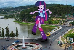 Size: 1001x681 | Tagged: safe, twilight sparkle, equestria girls, equestria girls in real life, frown, giantess, macro, photo, raised leg, scrunchy face, vietnam