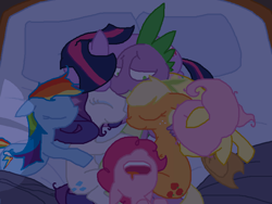 Size: 800x600 | Tagged: safe, artist:the weaver, derpibooru import, applejack, fluttershy, pinkie pie, rainbow dash, rarity, spike, twilight sparkle, dragon, earth pony, pegasus, pony, unicorn, applespike, bed, cuddle puddle, cuddling, female, flutterspike, harem, interspecies, lucky bastard, male, mane seven, mane six, mare, pinkiespike, pony pile, rainbowspike, shipping, sleeping, sleepover, snuggling, sparity, spike gets all the mares, straight, swag, teenage spike, twispike