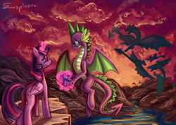 Size: 2864x2025 | Tagged: source needed, useless source url, safe, artist:erovoid, spike, twilight sparkle, twilight sparkle (alicorn), alicorn, dragon, pony, cliff, crying, female, flying, goodbye, immortality blues, magic, male, mare, older, older spike, sad, shipping, spike can fly, straight, twispike, winged spike