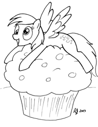 Size: 1533x2000 | Tagged: safe, artist:arrjaysketch, derpy hooves, pegasus, pony, female, food, giant muffin, mare, micro, monochrome, muffin, solo