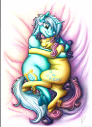 Size: 2487x3456 | Tagged: safe, artist:lupiarts, bon bon, lyra heartstrings, sweetie drops, earth pony, pony, unicorn, bed, chubby, cuddling, eyes closed, fat, feedee, feeder, feeder bon bon, female, lard-ra heartstrings, lesbian, lyra feedee, lyrabon, mare, pudgy, romance, shipping, unshorn fetlocks