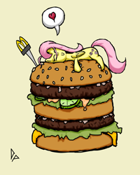 Size: 2000x2500 | Tagged: safe, artist:doggonepony, fluttershy, pegasus, pony, big mac (burger), burger, fast food, food, hamburger, heart, mcdonald's, micro, sandwich, shipping, size difference, solo, stealth pun