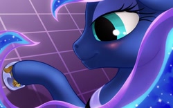 Size: 1280x800 | Tagged: dead source, safe, artist:arareroll, princess luna, oc, oc:copper sprocket, alicorn, earth pony, pony, bedroom eyes, blushing, hoof fetish, hoofplay, hooves, insole, macro, micro, smiling, smothering, trapped in shoe