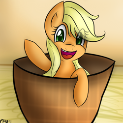 Size: 1500x1500 | Tagged: safe, artist:freefraq, applejack, earth pony, pony, cup of pony, looking at you, micro, solo, waving