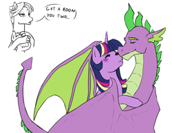 Size: 1200x925 | Tagged: safe, artist:pikokko, spike, twilight sparkle, oc, oc:jade, dracony, dragon, hybrid, family, female, husband and wife, interspecies offspring, male, offspring, older, older spike, parent:spike, parent:twilight sparkle, parents:twispike, rainbow ponies, shipping, straight, twispike, winged spike