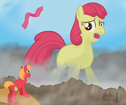 Size: 1200x1002 | Tagged: safe, artist:phallen1, apple bloom, big macintosh, earth pony, pony, giant pony, giantess, macro, male, micro, stallion, tiny