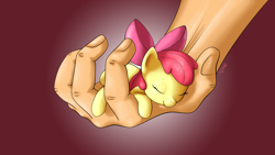 Size: 1920x1080 | Tagged: safe, artist:shoroch, apple bloom, human, adorabloom, cute, hand, in goliath's palm, micro, sleeping, tiny, tiny ponies