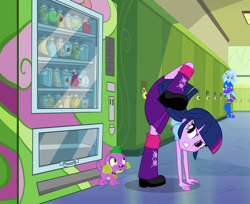 Size: 1032x844 | Tagged: safe, edit, screencap, spike, trixie, twilight sparkle, dog, equestria girls, clothes, female, hundreds of users filter this tag, male, out of context, screenshots, shipping, skirt, spike the dog, straight, twispike, upskirt