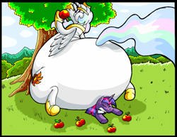 Size: 900x695 | Tagged: safe, artist:virus-20, princess celestia, twilight sparkle, alicorn, pony, apple, bottom heavy, chubbylestia, fat, food, inflation, plot