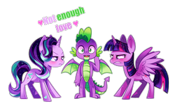 Size: 1800x1118 | Tagged: safe, artist:ipun, spike, starlight glimmer, twilight sparkle, twilight sparkle (alicorn), alicorn, dragon, pony, angry, deviantart watermark, female, love triangle, male, mare, obtrusive watermark, older, older spike, shipping, simple background, sparlight, spike gets all the mares, straight, transparent background, twispike, watermark, winged spike, wings