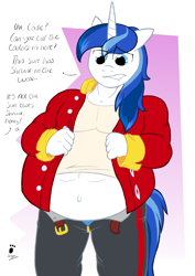 Size: 1754x2480 | Tagged: safe, artist:duragan, princess cadance, shining armor, anthro, awkward, belly, belly button, bhm, bloated, clothes, cross-popping veins, denial, dialogue, embarrassed, fat, implied weight gain, musclegut, shining blubber, stuffed, uniform, wardrobe malfunction, wedding suit, weight gain