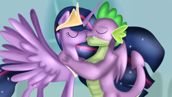 Size: 1280x720 | Tagged: safe, artist:jbond, princess twilight 2.0, spike, twilight sparkle, twilight sparkle (alicorn), alicorn, dragon, the last problem, castle, female, husband and wife, jewelry, kissing, male, older, older spike, regalia, shipping, straight, twispike, ultimate twilight, winged spike