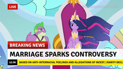 Size: 1280x720 | Tagged: safe, edit, edited screencap, screencap, princess twilight 2.0, spike, twilight sparkle, twilight sparkle (alicorn), alicorn, dragon, the last problem, break your own news, breaking news, female, gigachad spike, husband and wife, implied rarity, king spike, male, news, older, older spike, older twilight, older twilight sparkle (alicorn), queen twilight sparkle, shipping, straight, twispike, winged spike