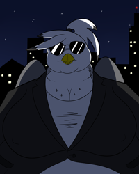 Size: 2000x2500 | Tagged: safe, artist:facade, oc, oc only, oc:maria, oc:maria bernard, anthro, griffon, belly, big breasts, bodyguard, breasts, city, clothes, fat, huge breasts, impossibly large belly, impossibly large breasts, night, stars, suit