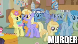 Size: 960x540 | Tagged: safe, edit, edited screencap, screencap, carrot top, cloud kicker, derpy hooves, diamond tiara, drizzle, golden harvest, lightning bolt, minuette, noi, orange blossom, prim posy, silver spoon, white lightning, earth pony, pegasus, pony, call of the cutie, background pony, caption, cuteceañera, female, filly, foal, mare, murder