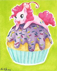 Size: 802x995 | Tagged: safe, artist:sushicow, pinkie pie, earth pony, pony, cupcake, cute, food, micro, solo, traditional art, watercolor painting