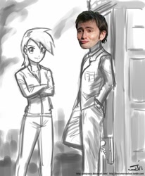 Size: 659x800 | Tagged: safe, artist:johnjoseco, derpy hooves, human, crossover, david tennant, doctor who, humanized, tardis, tennantface