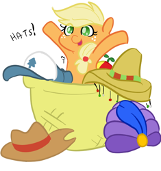 Size: 500x533 | Tagged: safe, artist:elslowmo, artist:mt, applejack, earth pony, pony, basket, gravity falls, hat, micro, solo, sombrero