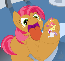 Size: 1064x1000 | Tagged: safe, artist:trowelhands, apple bloom, babs seed, scootaloo, sweetie belle, pony, babs eat, cutie mark crusaders, female, imminent vore, in goliath's palm, macro, micro, open mouth, scared