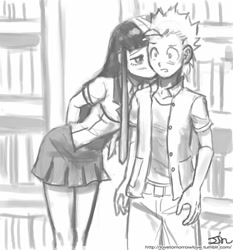 Size: 735x788 | Tagged: safe, artist:johnjoseco, spike, twilight sparkle, human, blushing, clothes, female, grayscale, humanized, kiss on the cheek, kissing, male, monochrome, schoolgirl, shipping, spikelove, straight, twispike