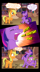 Size: 1950x3450 | Tagged: safe, artist:pikapetey, derpibooru import, applejack, spike, twilight sparkle, dragon, earth pony, pony, ahegao, back scratching, comic, dialogue, drool, faic, female, leg twitch, male, scratch reflex, scratching, scrunchy face, shipping, straight, thump, twispike