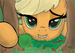 Size: 900x636 | Tagged: safe, artist:made-in-donuts, applejack, earth pony, pony, bedroom eyes, giant pony, giantess, lip bite, macro, solo