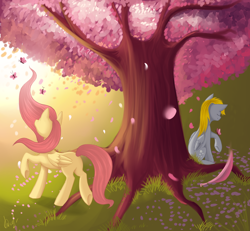 Size: 1082x1000 | Tagged: safe, artist:lightning-stars, derpy hooves, fluttershy, pegasus, pony, g4, cherry blossoms, duo, eyes closed, female, mare, sitting, tree, under the tree