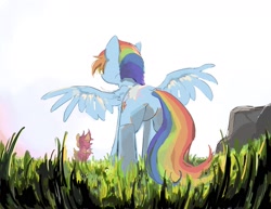 Size: 1677x1293 | Tagged: safe, artist:poneko-chan, artist:tn60_, rainbow dash, scootaloo, pegasus, pony, female, filly, mare, outdoors, spread wings, wings