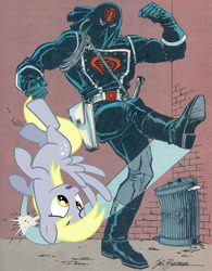 Size: 467x599 | Tagged: safe, artist:sal buscema, derpy hooves, human, pegasus, pony, abuse, abusive human, cobra commander, derpybuse, female, g.i. joe, kick, kick the dog, kicking, mare, pure unfiltered evil