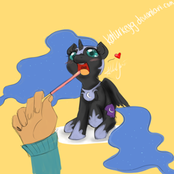 Size: 1024x1024 | Tagged: safe, artist:katurkeyg, nightmare moon, human, blushing, cute, feeding, food, heart, micro, moonabetes, pocky