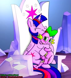 Size: 3452x3785 | Tagged: safe, artist:coberlink, artist:norithecat, spike, twilight sparkle, twilight sparkle (alicorn), alicorn, dragon, pony, twilight's kingdom, blushing, color, cute, cutie mark, female, friendship throne, hug, male, mare, shipping, spikelove, straight, throne, tongue out, twispike