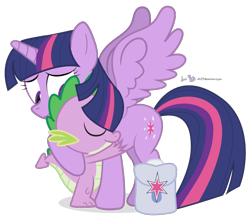 Size: 780x690 | Tagged: safe, artist:dm29, spike, twilight sparkle, twilight sparkle (alicorn), alicorn, dragon, pony, bag, female, hug, male, mare, shipping, simple background, spread wings, straight, transparent background, twispike