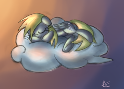 Size: 2931x2098 | Tagged: safe, artist:leadhooves, derpy hooves, pegasus, pony, cloud, female, get, high res, mare, nose wrinkle, pi, sleeping, solo