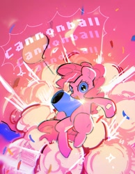 Size: 1400x1800 | Tagged: safe, artist:poneko-chan, pinkie pie, earth pony, pony, blue eyes, confetti, explosion, female, globe, mare, party cannon, pink background, solo