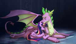 Size: 2600x1500 | Tagged: safe, artist:pikokko, spike, twilight sparkle, twilight sparkle (alicorn), alicorn, dragon, pony, eyes closed, female, male, mare, older, older spike, one eye closed, shipping, snuggling, straight, twispike, winged spike