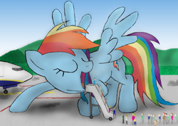 Size: 1527x1080 | Tagged: safe, artist:made-in-donuts, rainbow dash, pegasus, pony, airplane dash, escalator, eyes closed, female, fetish, giant pony, giantess, imminent vore, it's a trap, kids, macro, mare, open mouth, people, plane, ponies eating humans, pun, smiling, spread wings, trap (device), visual pun