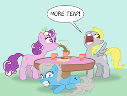 Size: 1950x1463 | Tagged: safe, artist:professor-ponyarity, derpy hooves, screw loose, screwball, earth pony, pegasus, pony, brandon rogers, cup, dialogue, female, insanity, mare, screwy, table, tea, tea party, teacup, trio