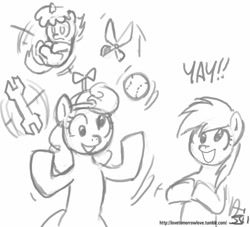 Size: 1000x909 | Tagged: safe, artist:johnjoseco, derpy hooves, dinky hooves, screwball, pegasus, pony, female, grayscale, juggling, mare, monochrome, pony juggle, sketch, yay