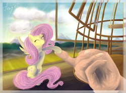 Size: 2438x1800 | Tagged: safe, artist:hengebellika, fluttershy, human, bird cage, cage, hand, micro, solo