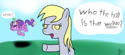 Size: 1383x612 | Tagged: safe, artist:datahmedz, derpy hooves, screwball, pegasus, pony, female, mare