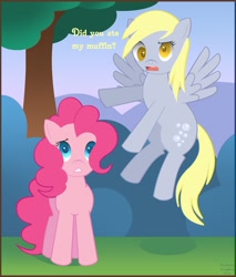 Size: 1330x1559 | Tagged: safe, artist:arastane-siryphia, derpy hooves, pinkie pie, pegasus, pony, dialogue, female, mare, tree