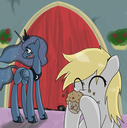 Size: 1050x1056 | Tagged: safe, artist:prozenconns, derpy hooves, princess luna, alicorn, pegasus, pony, female, mare, muffin