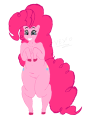 Size: 1088x1509 | Tagged: safe, artist:laughingvexxo, pinkie pie, pony, belly, bipedal, both cutie marks, chubby, colored hooves, cute, digital art, fat, fluffy, fluffy mane, grin, long mane, long tail, looking at you, pinkie thighs, plump, pudgy pie, rearing, simple background, smiling, thunder thighs, unshorn fetlocks, white background, wide hips