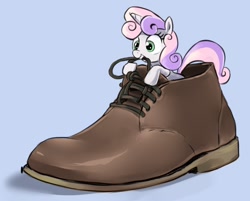 Size: 1148x922 | Tagged: safe, artist:gsphere, sweetie belle, boot, characters inside shoes, cute, micro, mouth hold, shoes, solo