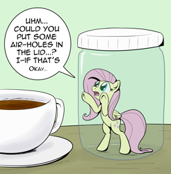 Size: 1577x1600 | Tagged: safe, artist:whatsapokemon, fluttershy, pegasus, pony, colored pupils, cup, dialogue, drink, immurement, inside, micro, pony in a bottle, solo, table, underhoof